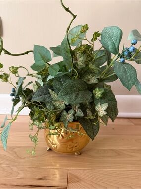 Decorative Gold Metal Floral Footed Planter with Green Foliage